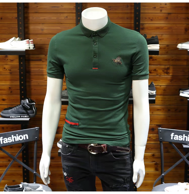Lapel nửa tay áo thun Slim-fit bee thêu nam xu hướng mùa hè áo thun polo áo sơ mi Polo giản dị