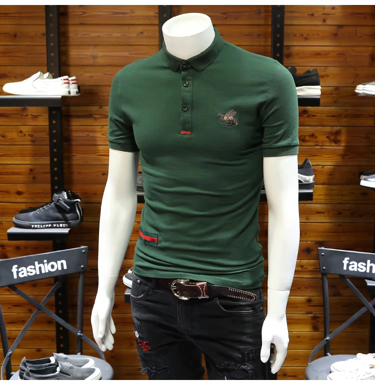 Lapel nửa tay áo thun Slim-fit bee thêu nam xu hướng mùa hè áo thun polo áo sơ mi Polo giản dị