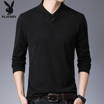 Playboy T-shirt mens double-sided velvet V-neck bottoming shirt spring Korean slim-fit solid color sweater mens T-shirt tide