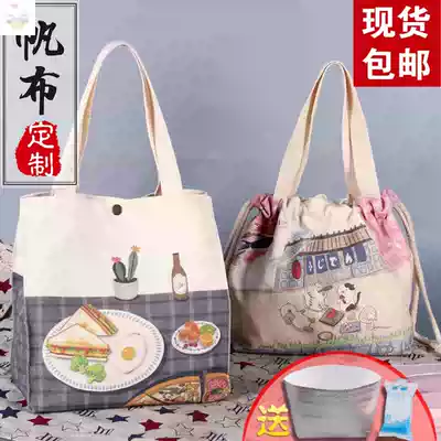 Round insulated small lunch box bag thick small student packed lunch box Hand bag canvas cute generation