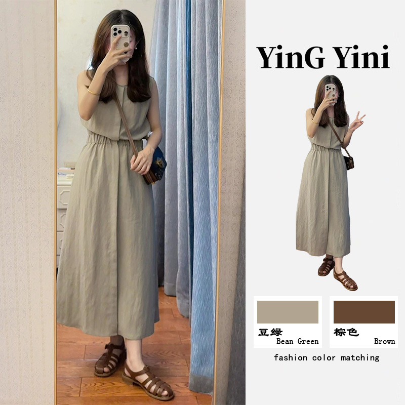 American Retro Sleeveless Waist-Cinching Dress for Women, New Summer Style, High-End Niche Versatile Design Shirt Long Dress