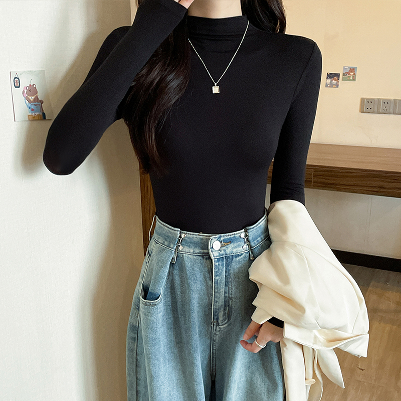 Black Half-High Collar Modal T-Shirt Base Layer for Women, High-End Autumn and Winter Double-Sided Fleece Long-Sleeve Slim-Fit Top