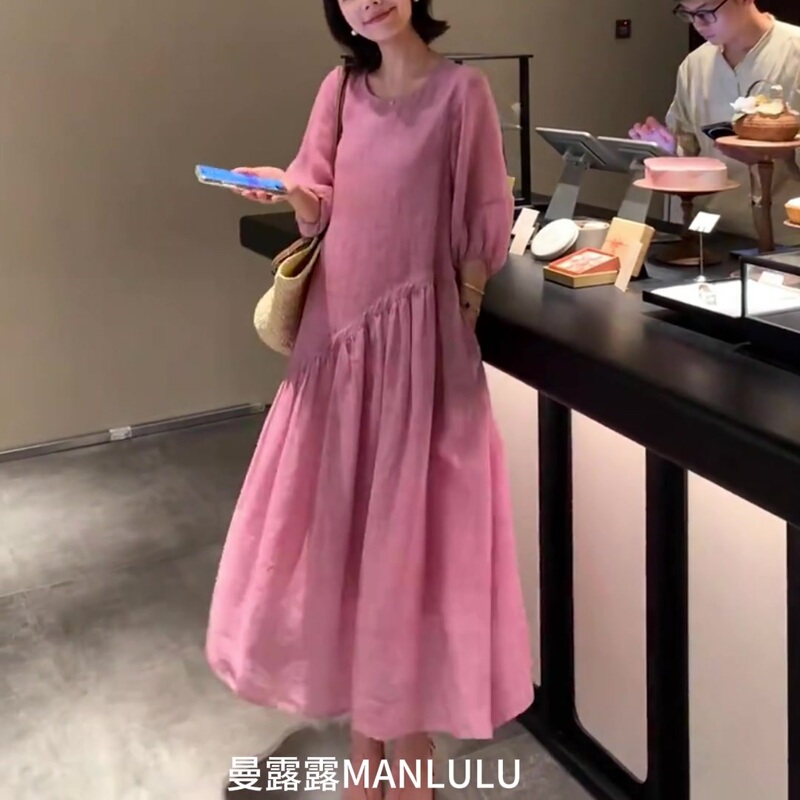 Lazy Style Pink Super Pretty Dress for Women This Year, Long-Sleeved, Loose, Stylish, Elegant and Appropriate, Plus-Size Women's Long Dress