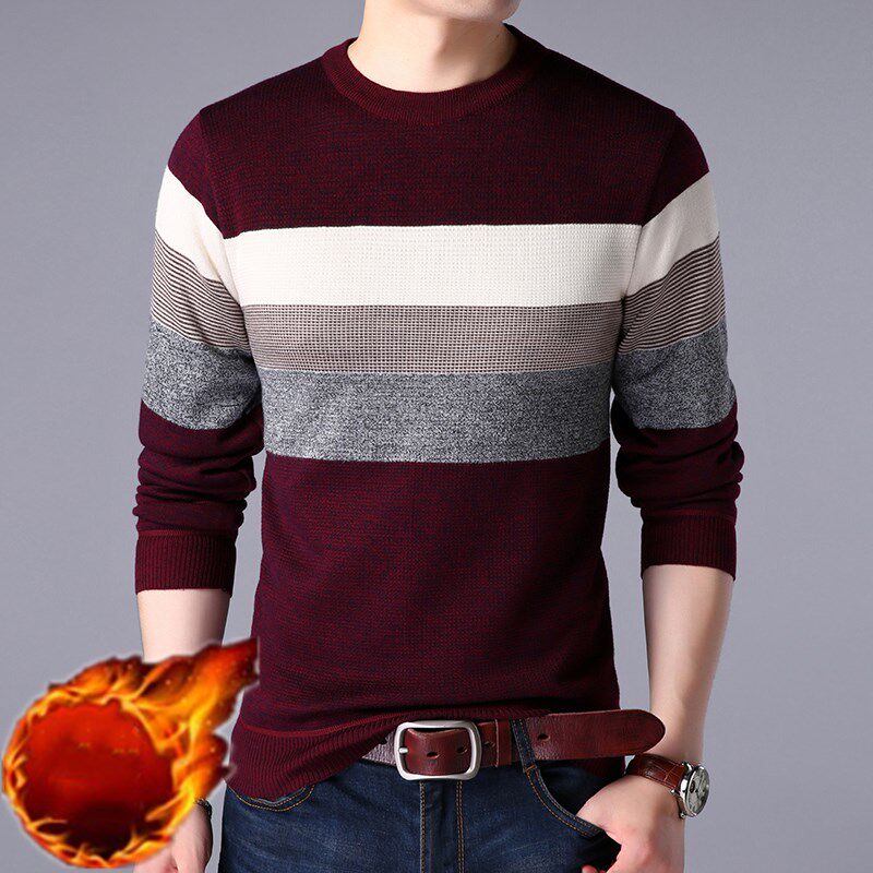 秋冬季加绒毛衣男2019新款保暖圆领毛衣韩版修身男装休闲打底衫男