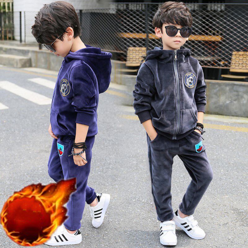 男童金丝绒套装加绒2019新款秋冬季中大童保暖连帽男孩两件套潮男