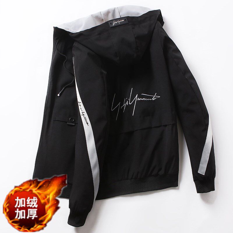 男士夹克加绒外套秋冬2019新款夹克连帽韩版修身潮流工装外套潮男