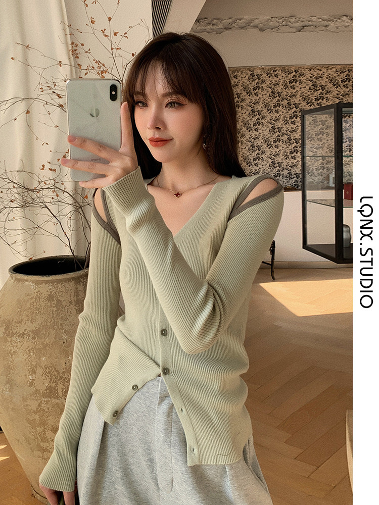 GENTLENESS VINTAGE CONTRAST OFF-THE-SHOULDER KNITWEAR WOMENS AUTUMN 2024 SLIMMING TOP V-NECK SCHEMING CROPPED CARDIGAN