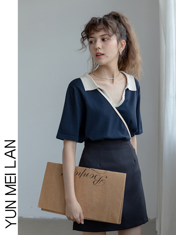 DESIGN KNITTED SHORT-SLEEVED COLOR-BLOCKED POLO SHIRT T-SHIRT WOMENS 2024 NEW SUMMER LOOSE AND THIN V-NECK TEMPERAMENT TOP