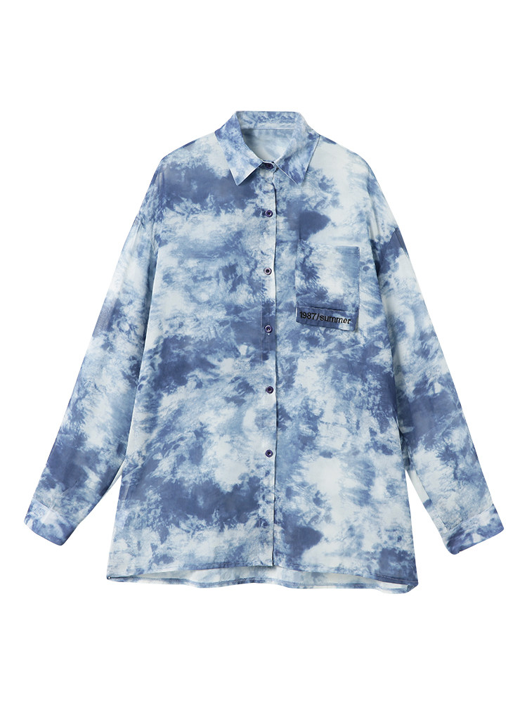 TIE-DYE SHIRT WOMENS 2024 NEW AUTUMN DESIGN SENSE NICHE HIGH-WAISTED SLIM FOREIGN CHIFFON SHIRT TWO-PIECE SET