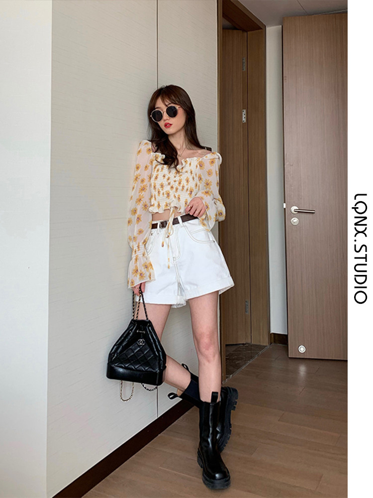 CROPPED SQUARE NECK FRENCH VINTAGE FLORAL TOP WOMENS SUMMER 2023 STRAIGHT SHOULDER SUNSCREEN SHIRT SLIM FIT CHIFFON TREND