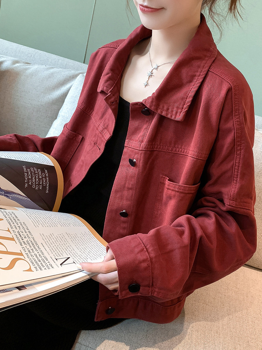 2024 AUTUMN NEW SALT DENIM SHORT JACKET WOMENS LOOSE SLIM AGE REDUCTION LONG SLEEVE RED JACKET TREND