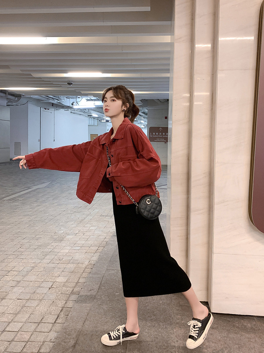 2024 AUTUMN NEW SALT DENIM SHORT JACKET WOMENS LOOSE SLIM AGE REDUCTION LONG SLEEVE RED JACKET TREND