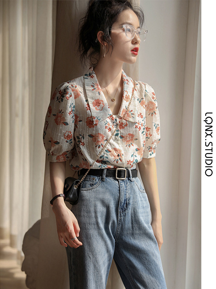 2024 NEW SUMMER FRENCH VINTAGE CHIFFON BLOUSE DESIGN SENSE LAPEL EMBROIDERY SHORT SLEEVE SHIRT TOP WOMENS TREND
