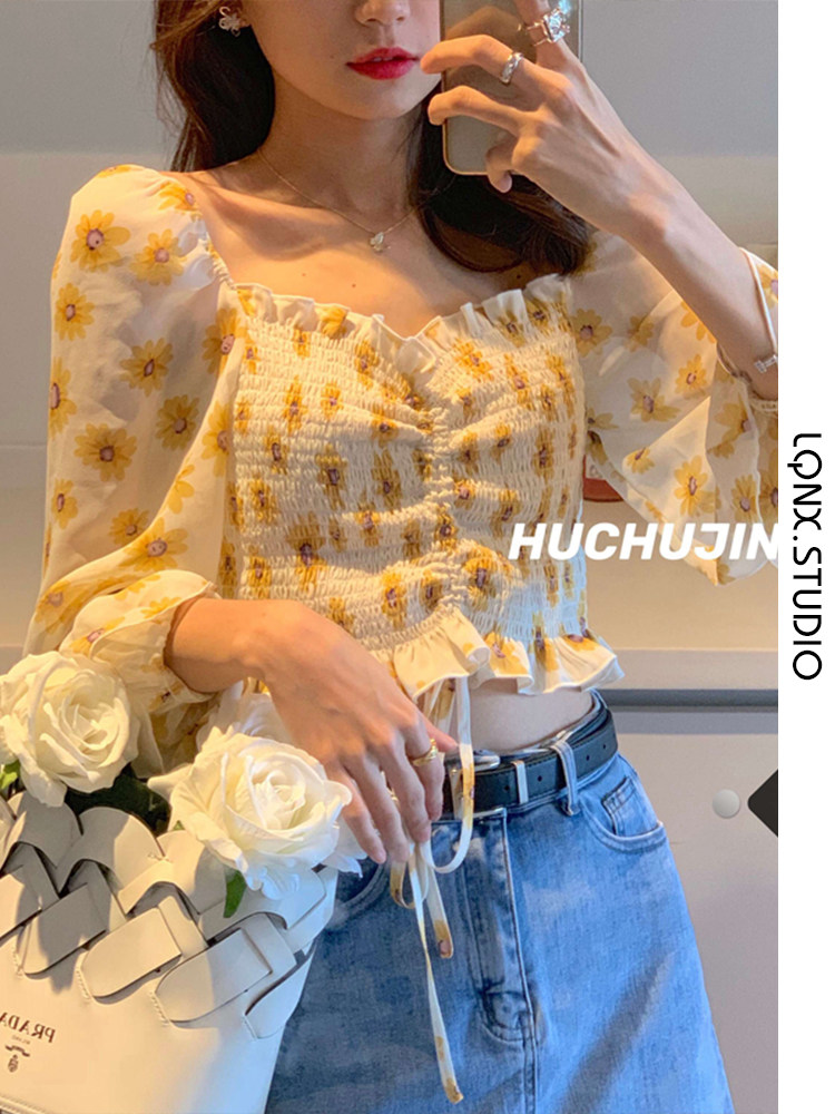 CROPPED SQUARE NECK FRENCH VINTAGE FLORAL TOP WOMENS SUMMER 2023 STRAIGHT SHOULDER SUNSCREEN SHIRT SLIM FIT CHIFFON TREND