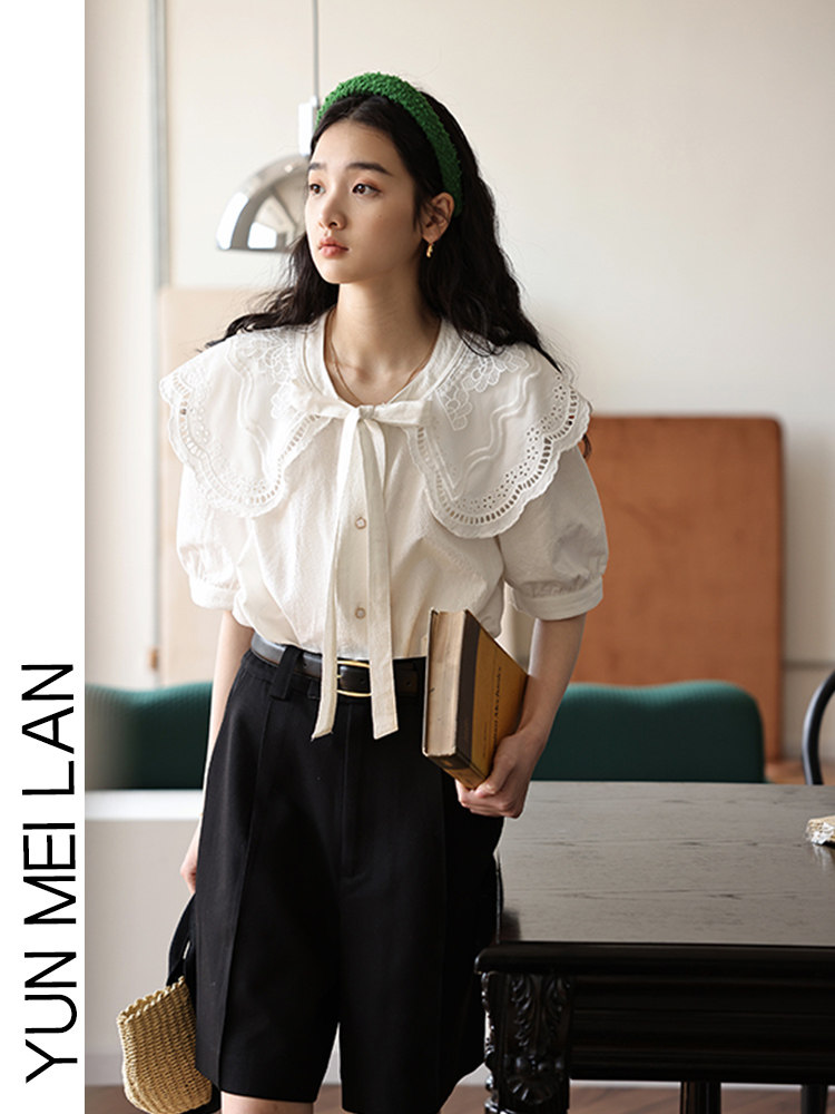 DESIGN SENSE NICHE SWEET CONTRAST LACE COLLAR TIE SHIRT WOMENS 2024 NEW SUMMER LOOSE CHIC SHIRT TIDE