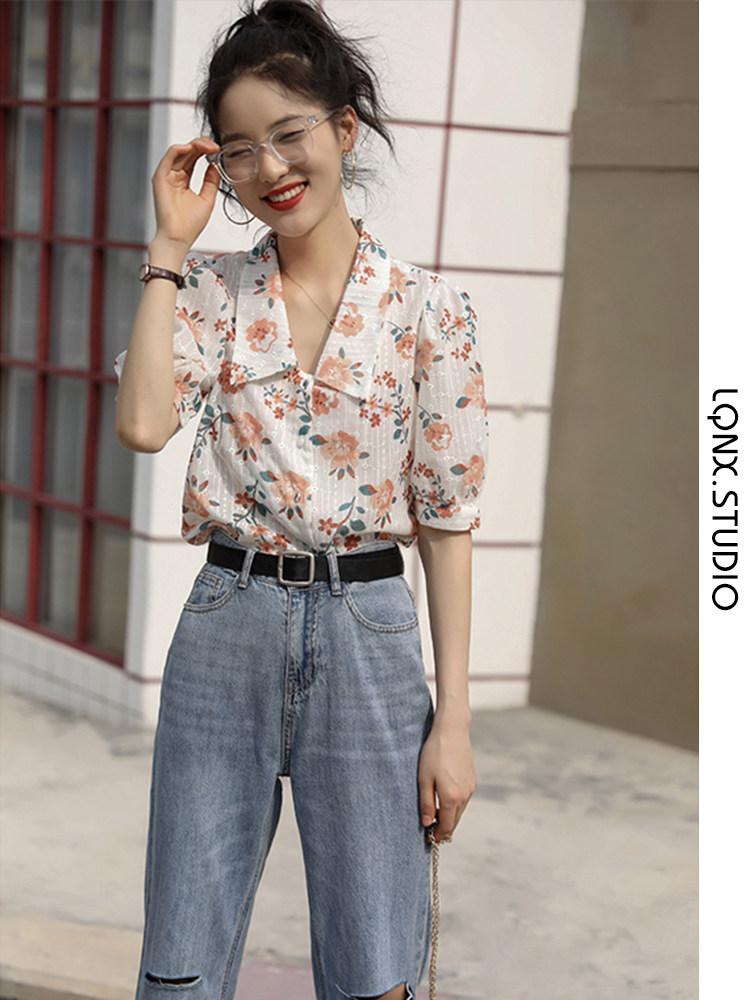 2024 NEW SUMMER FRENCH VINTAGE CHIFFON BLOUSE DESIGN SENSE LAPEL EMBROIDERY SHORT SLEEVE SHIRT TOP WOMENS TREND