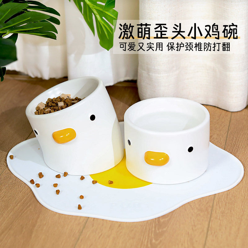 PURROOM chicken ceramic cat bowl protects cervical slanted mouth anti-overturning pet small dog anti-black chin food bowl