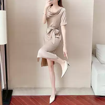 Hepburn style French niche dress female acetic acid satin summer light cooked waist thin temperament goddess skirt