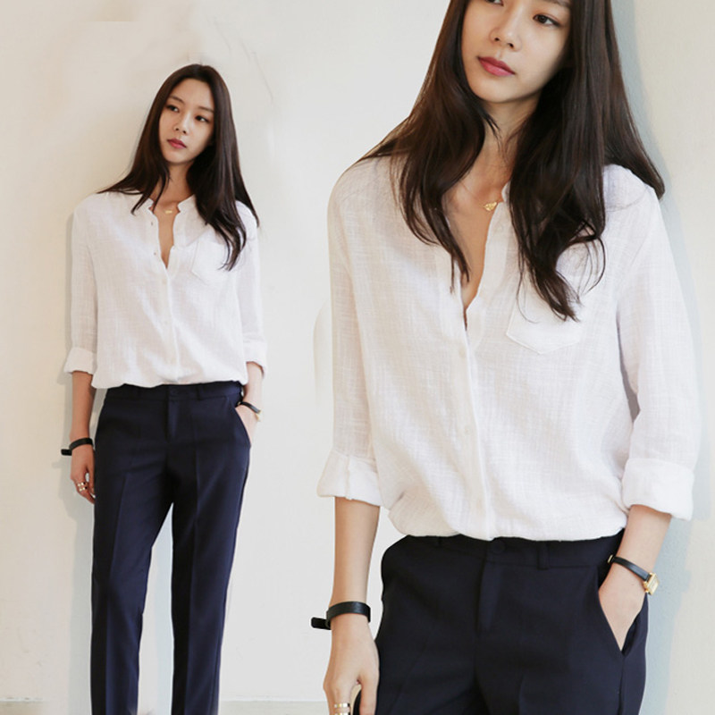 Hepburn wind cotton linen white shirt women 2021 spring and autumn new OL career loose simple soft anti-wrinkle shirt top