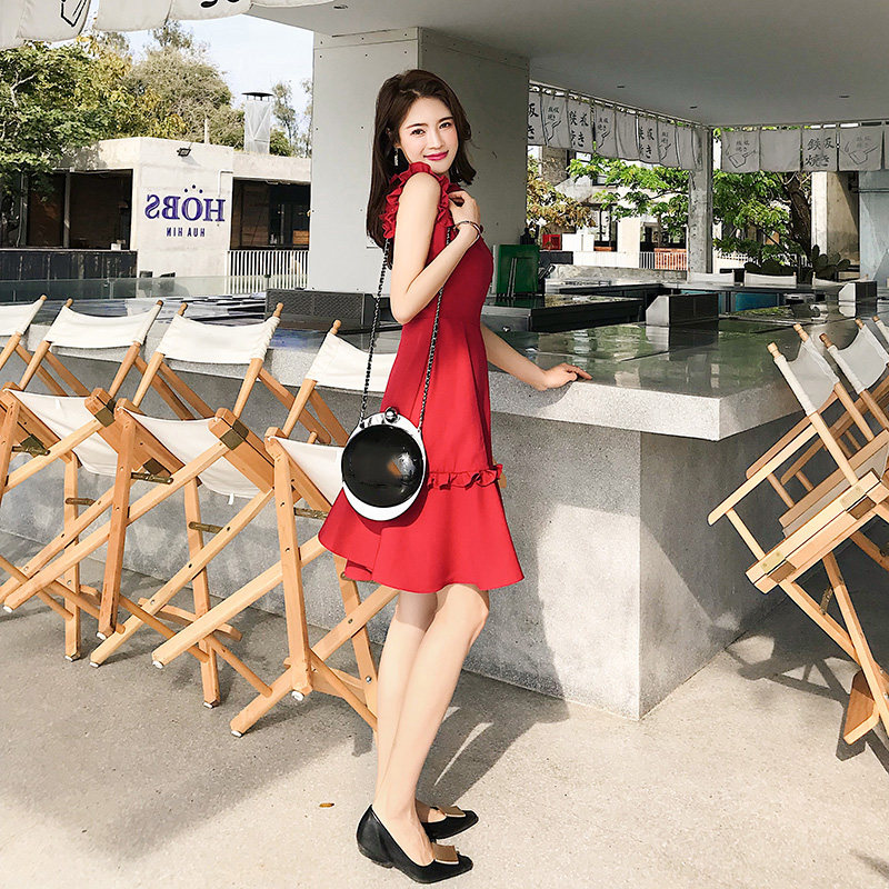 Red dress 2021 new summer close waist slim over-knee skirt feminine temperament small red neck lapel chiffon long skirt