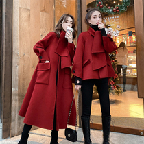 Double face cashmere big coat female short Korean loose cape hood autumn winter new Hepburn lady red fur coat