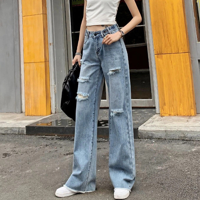 Jeans Woman Breaking Hole Hairy Side 2021 Summer New Loose Lenty High Waist Pituality Great Size Fashion Straight Drum Wide Pants