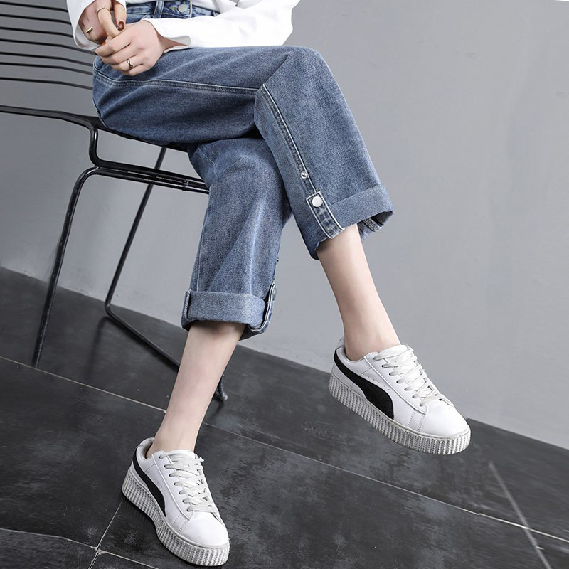 Jeans woman straight cylinder loose with large size 2021 new Korean version high waist display slim and slim curl width 90% pants