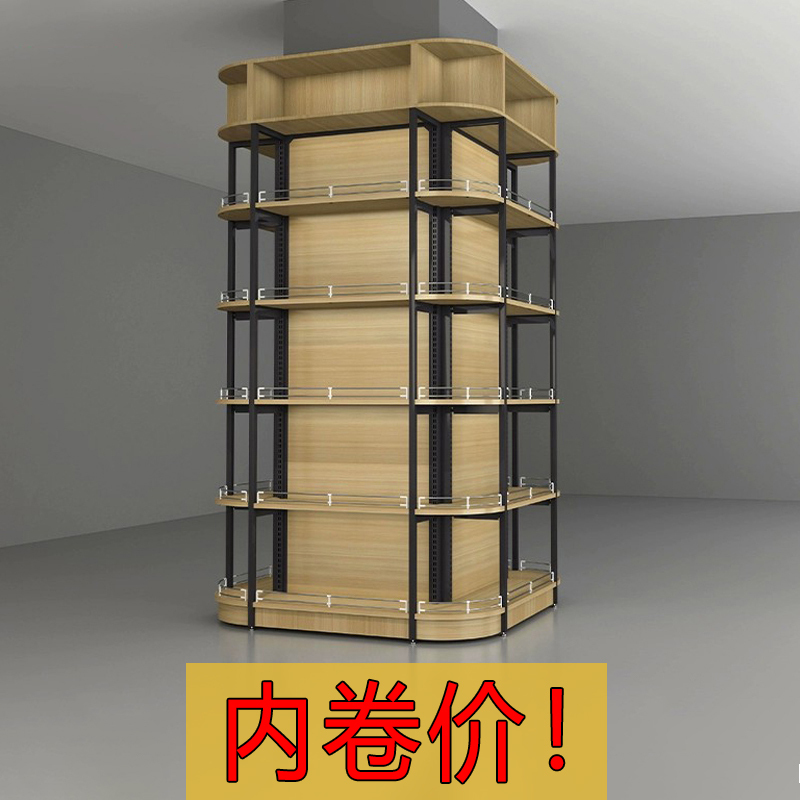 Steel-Wood Combination Pillar-Mounted Shelves for Supermarkets and Convenience Stores, Multi-Layered Pillar Shelves in the Middle, Four-Way Three-Dimensional Display Racks Steel-Wood Combination Pillar-Mounted Shelves for Supermarkets and Convenience Stores, Multi-Layered Pillar Shelves in the Middle, Four-Way Three-Dimensional Display Racks