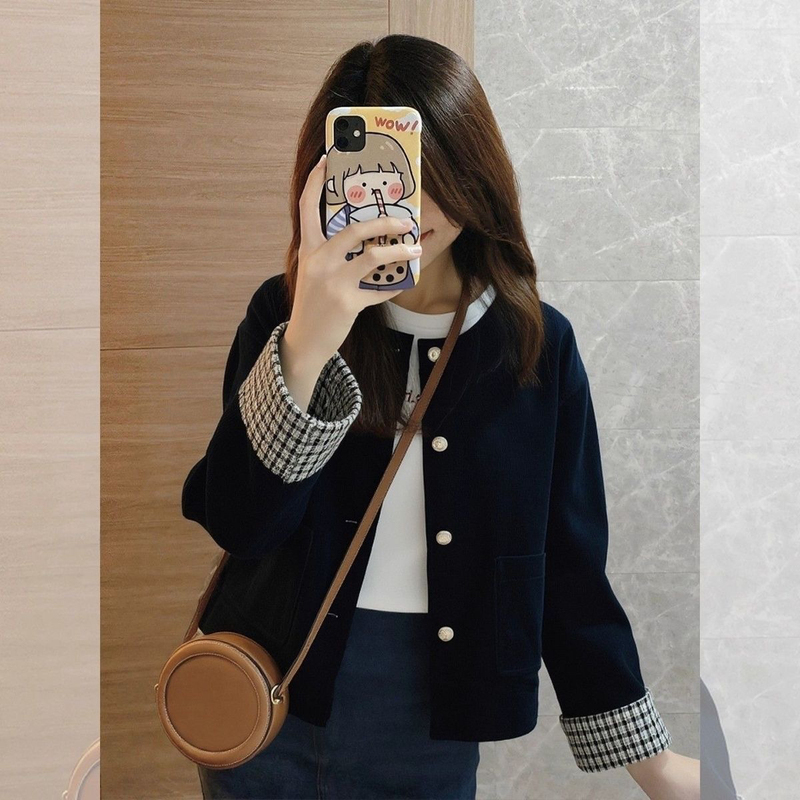 2026 Autumn New High-End Vintage Plaid Patchwork Jacket Corduroy Navy Blue Coat for Autumn and Winter