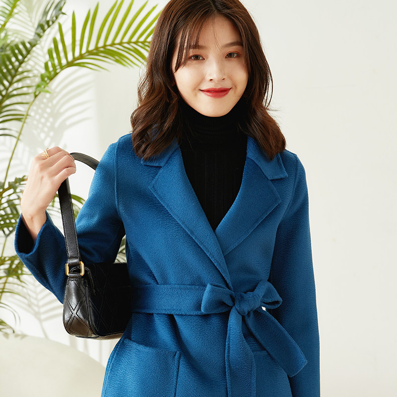 Double face cashmere big coat woman short style suit collar commuter Korean version fur coat wool water ripple deep sea blue autumn and winter