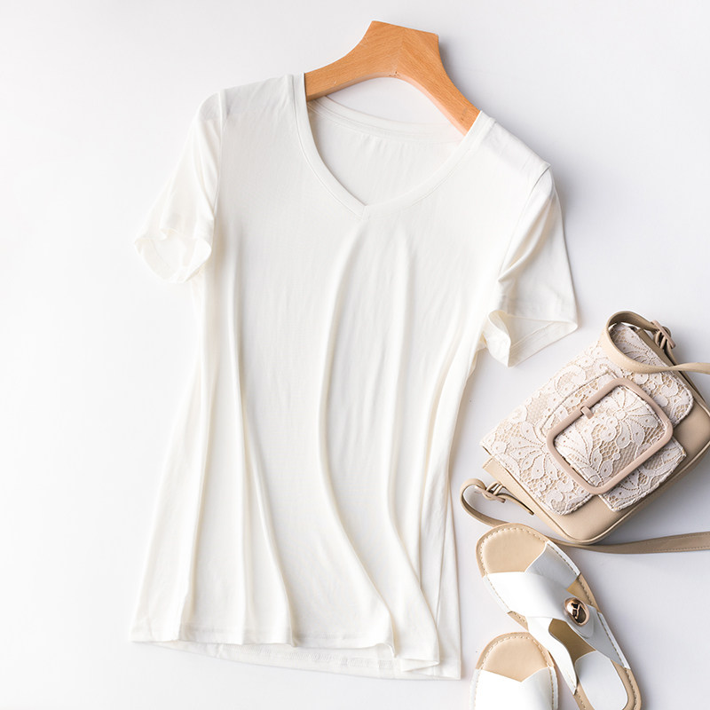 Model Short Sleeve T - shirt V - collar body pure colored blouse ice - freeze breathable 2023 new semi - sleeve shirt