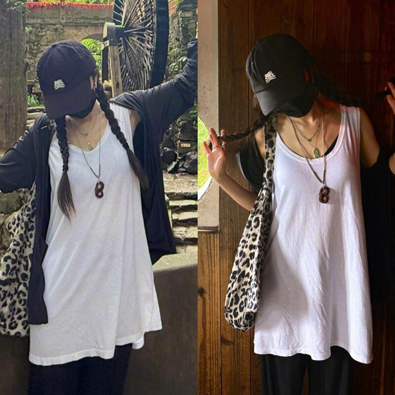Yang Mi's Same Style Bf Harajuku Style Pure Color Stacked Bottoming Shirt Vest Summer Loose White Sleeveless Top for Women ins Trbottomy