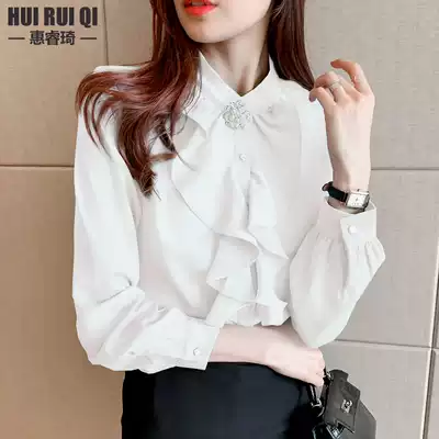Satin chiffon shirt female design sense niche autumn and winter New ruffle temperament shirt Joker foreign style small shirt tide