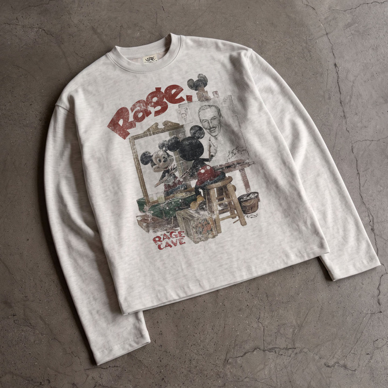 Ragecave Autumn and Winter Mickey American Cartoon Vintage Print Loose Unisex Crew Neck Pure Cotton Long-Sleeve T-Shirt Ragecave Autumn and Winter Mickey American Cartoon Vintage Print Loose Unisex Crew Neck Pure Cotton Long-Sleeve T-Shirt