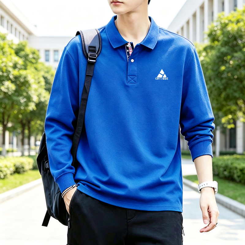 Hong Kong-Style Klein Blue Plus-Size Men's Autumn Long-Sleeve T-Shirt, Turn-Down Collar Plus-Size Polo Shirt, Sportswear for Young and Middle-Aged Men