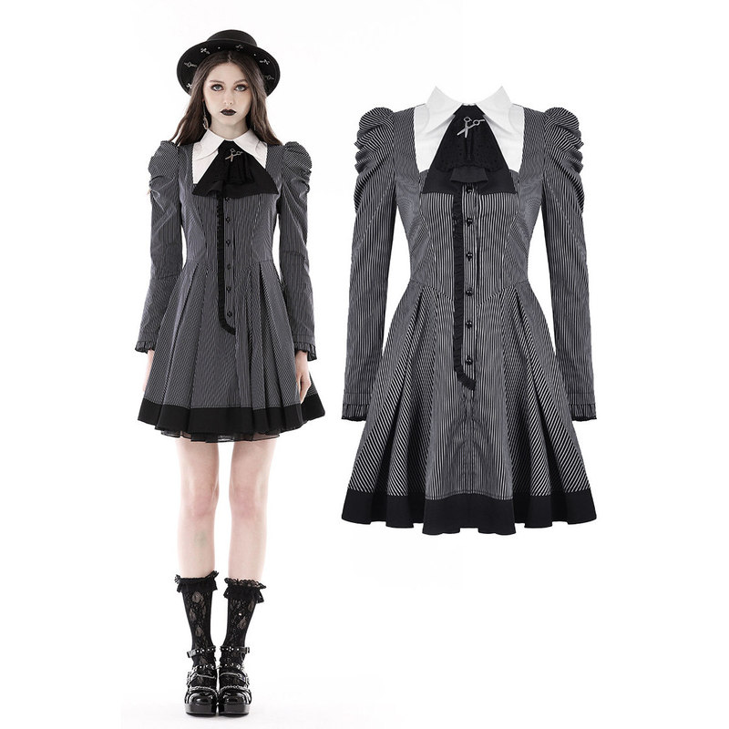 Dark in Love Gothic Women's Dark Black and White Striped Preppy Style Dress Dw845