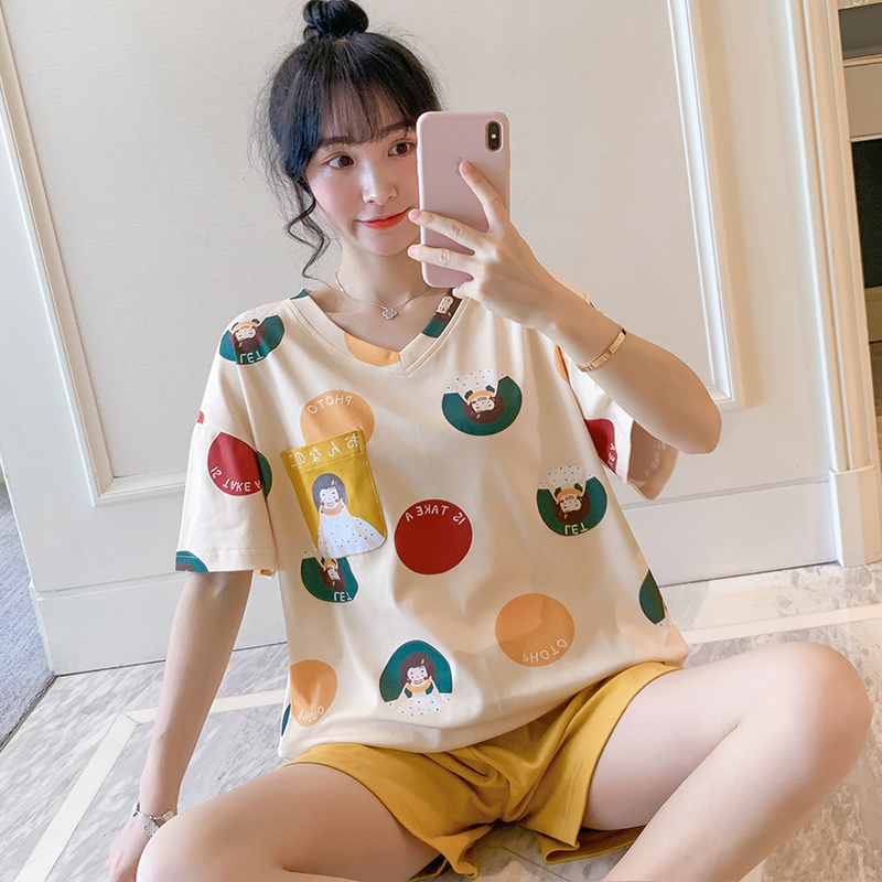 Ngắn tay pajama symn womens hai mảnh bộ cotton mùa hè mỏng có thể mặc quần short lỏng dễ thương công chúa phong cách quần áo về nhà.