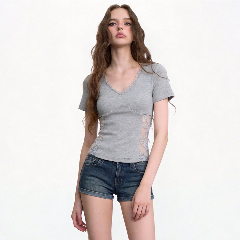 Buwana Petite French Lace Patchwork V-Neck Short-Sleeve T-Shirt for Women, Slim Fit, Slimming Gray Top