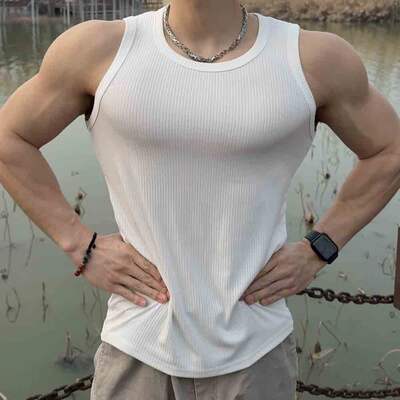 A solid color muscular fitness men's vest with a round neck and sleeveless white summer waistcoat, featuring quick drying, high elasticity, and a slimming effect