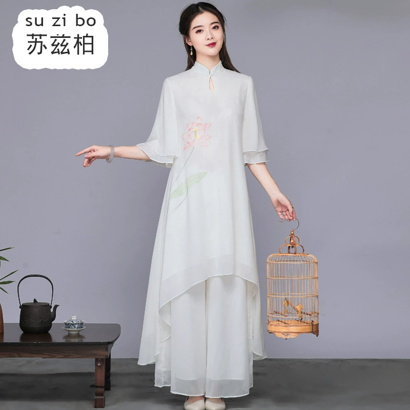 Mùa hè của phụ nữ Trung Quốc Zen Bộ quần áo Voan cải tiến Hanfu Sườn xám Phù hợp với phong cách Trung Quốc Bộ đồ hai mảnh trà Zen Bộ đồ - váy đầm