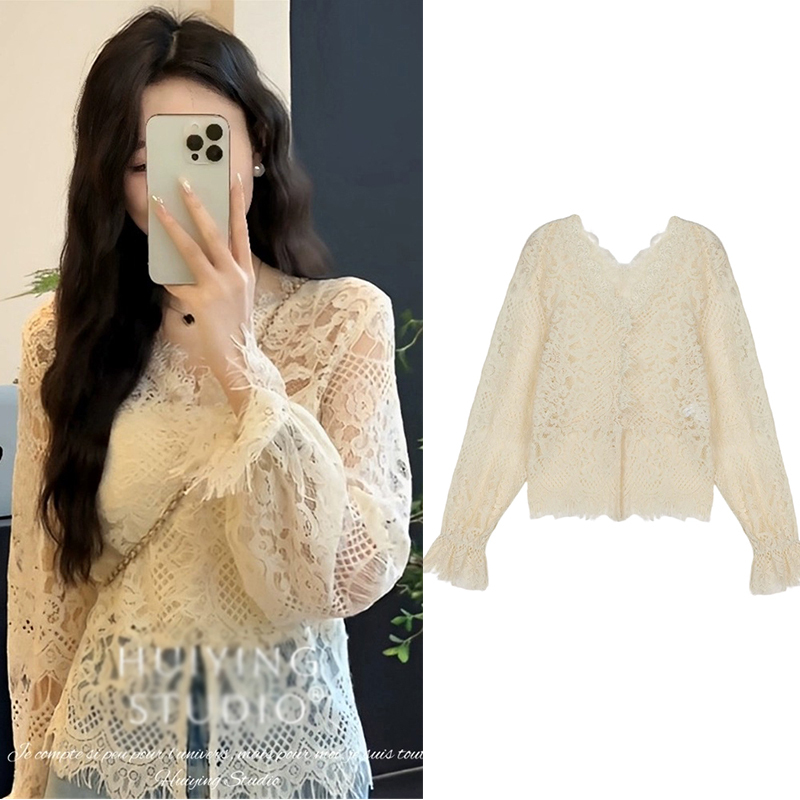 【Hollow-Out Tassel Chiffon Shirt】Lace Shirt Versatile Long-Sleeve Early Autumn New Style Top for Women