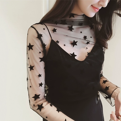 Женская полуводолазка с принтом и длинными рукавами, прозрачный сетчатый низ, черная кружевная накидка. Один размер подходит всем Женская полуводолазка с принтом, другие 100% материалы