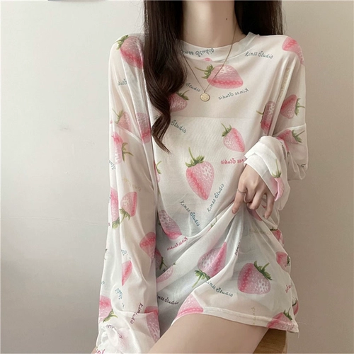 Клубника, лонгслив, летняя тонкая футболка, защита от солнца, свободный крой