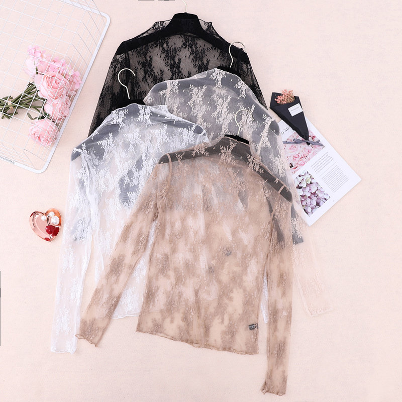 Женская рубашка в западном стиле с сетчатым низом и полувысоким воротником, кружевная тонкая марля с деревянными ушками, модный сексуальный прозрачный топ