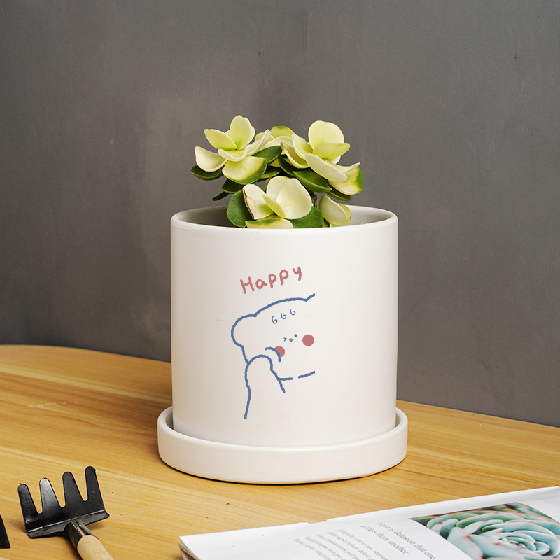 Matte straight tube Nordic simple tray plant personality indoor ceramic pot pot cute ceramic pot