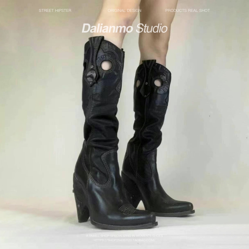 Vintage Embroidered Fashion Boots for Women, Chunky Heel, Pointed Toe, Versatile, Slimming, Long Boots, Antique Style Boots, High-Heeled Boots