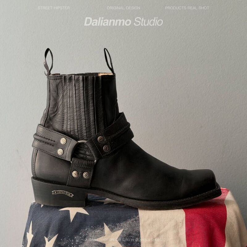 Black Short Boots for Women, Vintage Distressed Chelsea Boots, Square Toe Chunky Heel Boots, Short Boots, Height-Increasing Vintage Boots, Slip-On Boots