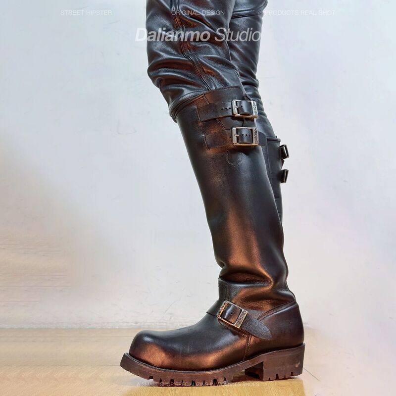 Black Men's Riding Boots, Long Slip-On Motorcycle Boots with Belt Buckle, Chunky Heel, Height-Increasing Thick-Soled Boots, Engineer Boots, Cool