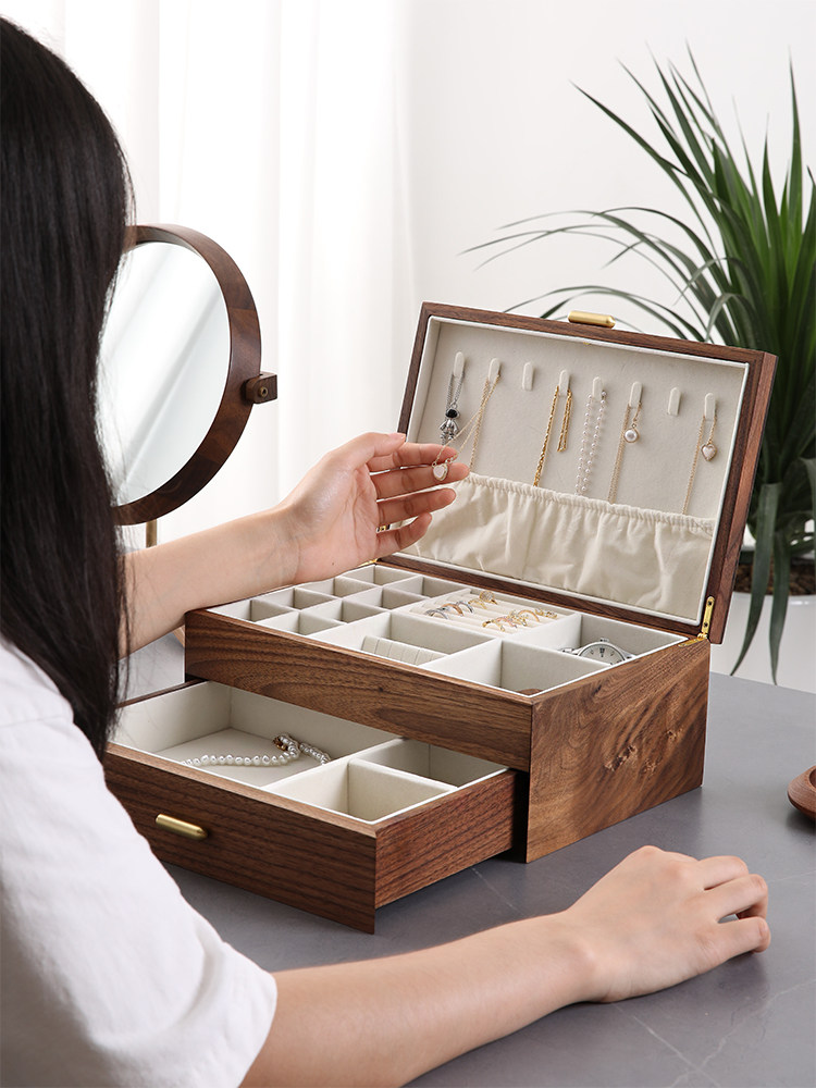 Wooden jewelry box Luxury Japanese-style black Walnut wood storage box Hand decoration women's box Dressing box Necklace jewelry box storage