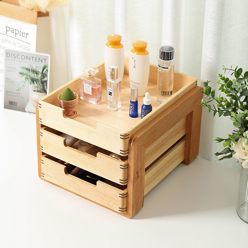 Cosmetic Storage Box Table Top Drawer Large Capacity Creative Solid Wood Multilayer Office Document Debris Storage Box